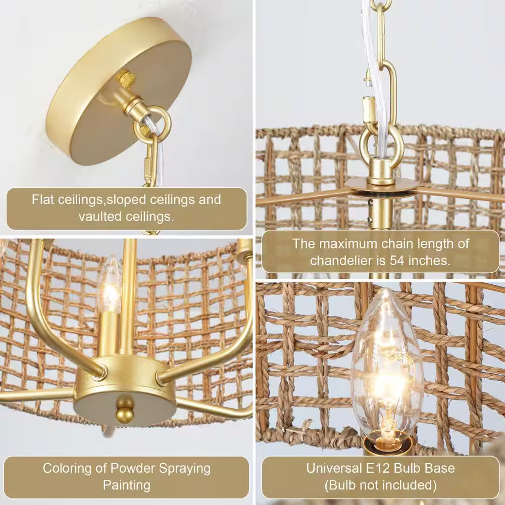Nevarez 18.9 In. 5-Light Gold Bohemian Pendant Natural Rattan Dimmable Chandelier with Hand Woven Drum Shade
