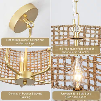 Nevarez 18.9 In. 5-Light Gold Bohemian Pendant Natural Rattan Dimmable Chandelier with Hand Woven Drum Shade
