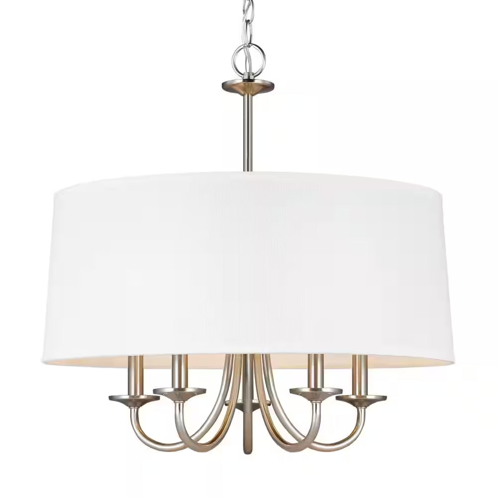 Seville 5-Light Brushed Nickel Transitional Modern Hanging Drum Chandelier with White Linen Shade