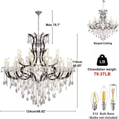 Candle Chandelier 49 In. 24-Lights Black Luxury Crystal Chandelier for Dinning Room, Living Room,Foyer,Bedroom,Staircase