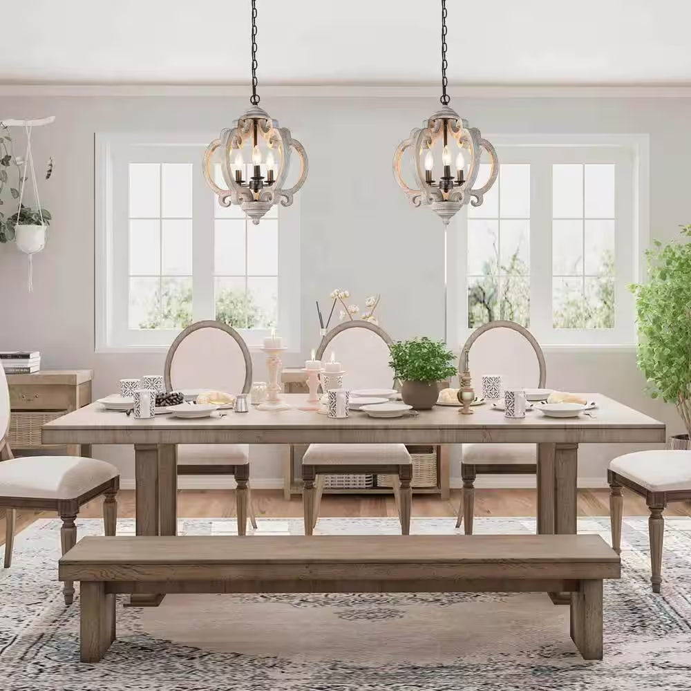 Globe Wood Chandelier Washed Gray round Pendant 3-Light Farmhouse Candlestick Chandelier Rustic Hanging Lantern