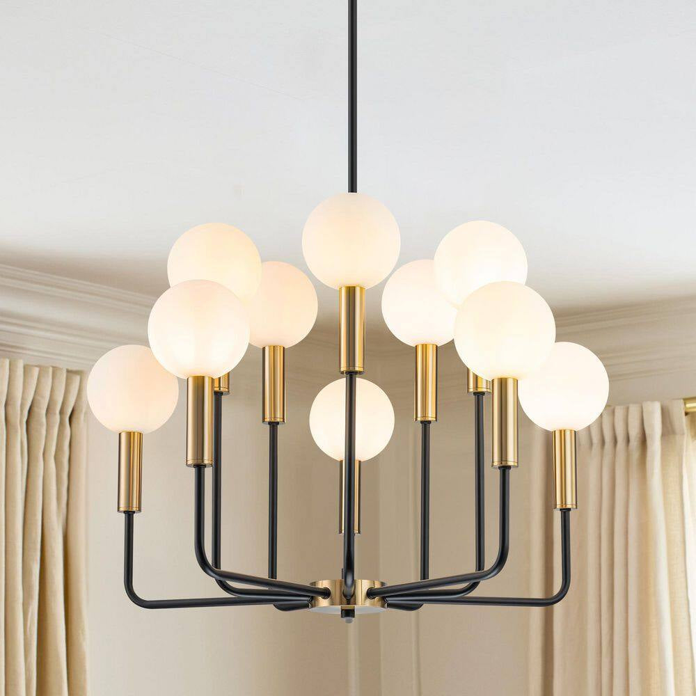 Aaron 10-Light Modern Transitional Black and Gold Uplight Frosted Glass Globe Chandelier