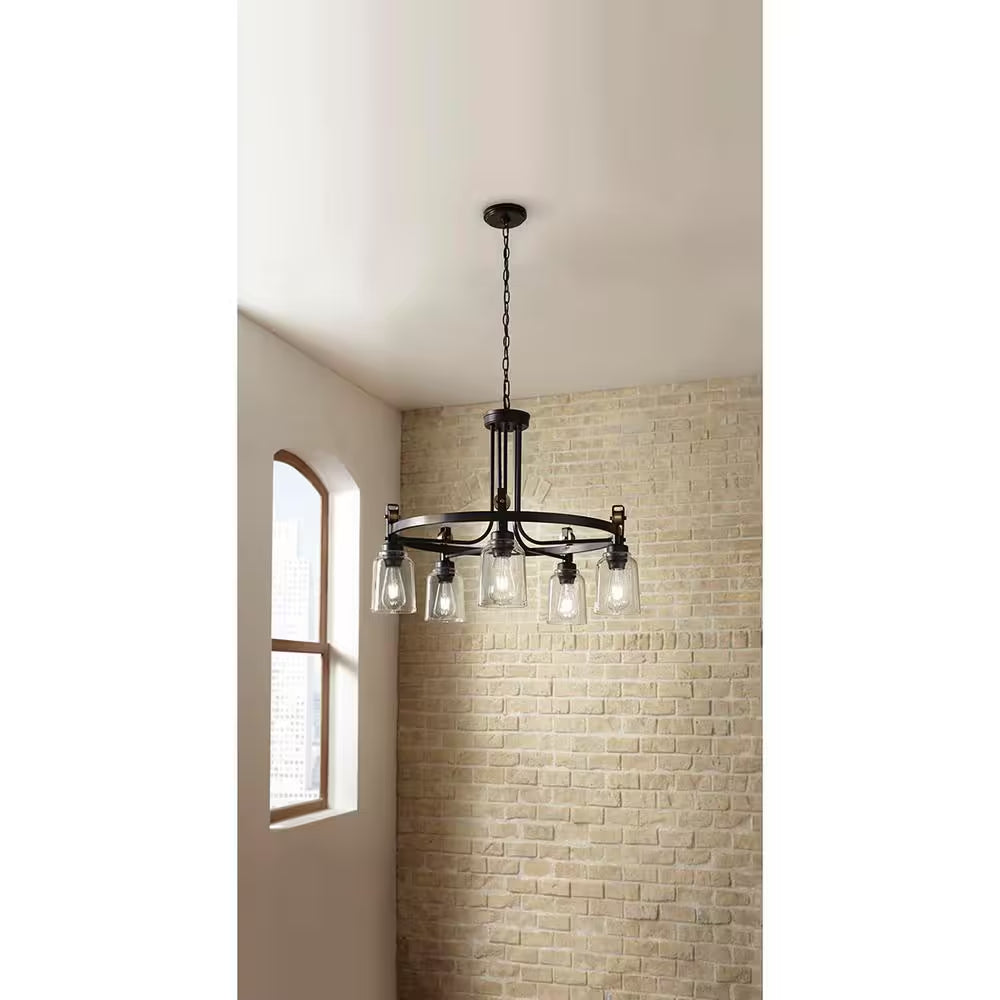 Knollwood 30 In. 5-Light Black Bronze with Brass Accents Industrial round Chandelier for Kitchens