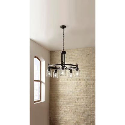 Knollwood 30 In. 5-Light Black Bronze with Brass Accents Industrial round Chandelier for Kitchens