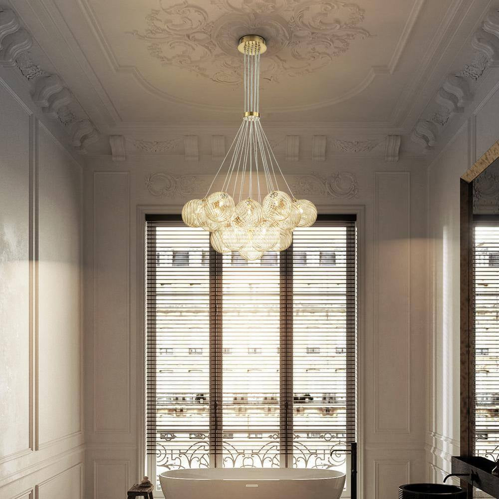 Bolton 19-Light Brass Modern Bubble Cluster, Sputnik Globe Bubble Chandelier with Swirled Glass Shades for Living Room