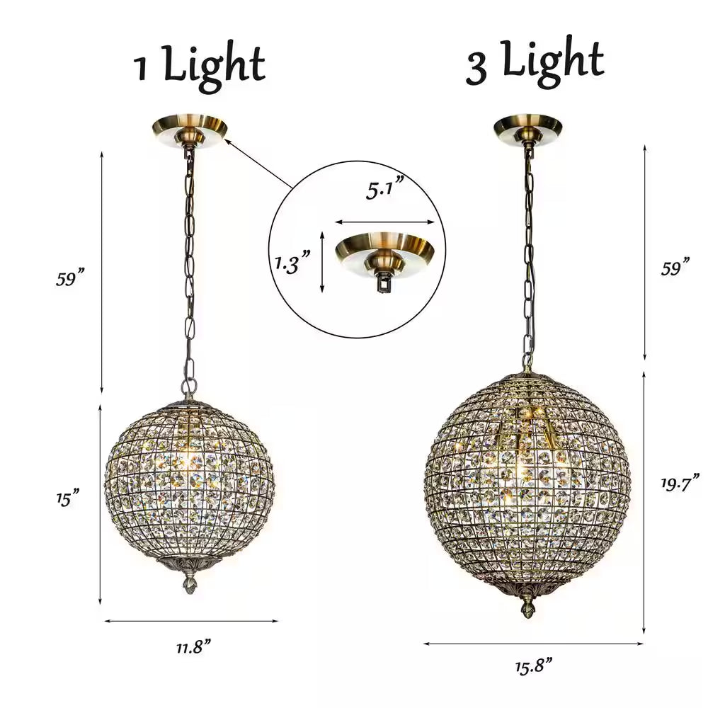 12 In. 1-Light Retro Antique Gold Crystal Globe Chandelier Small Sphere Pendant Light