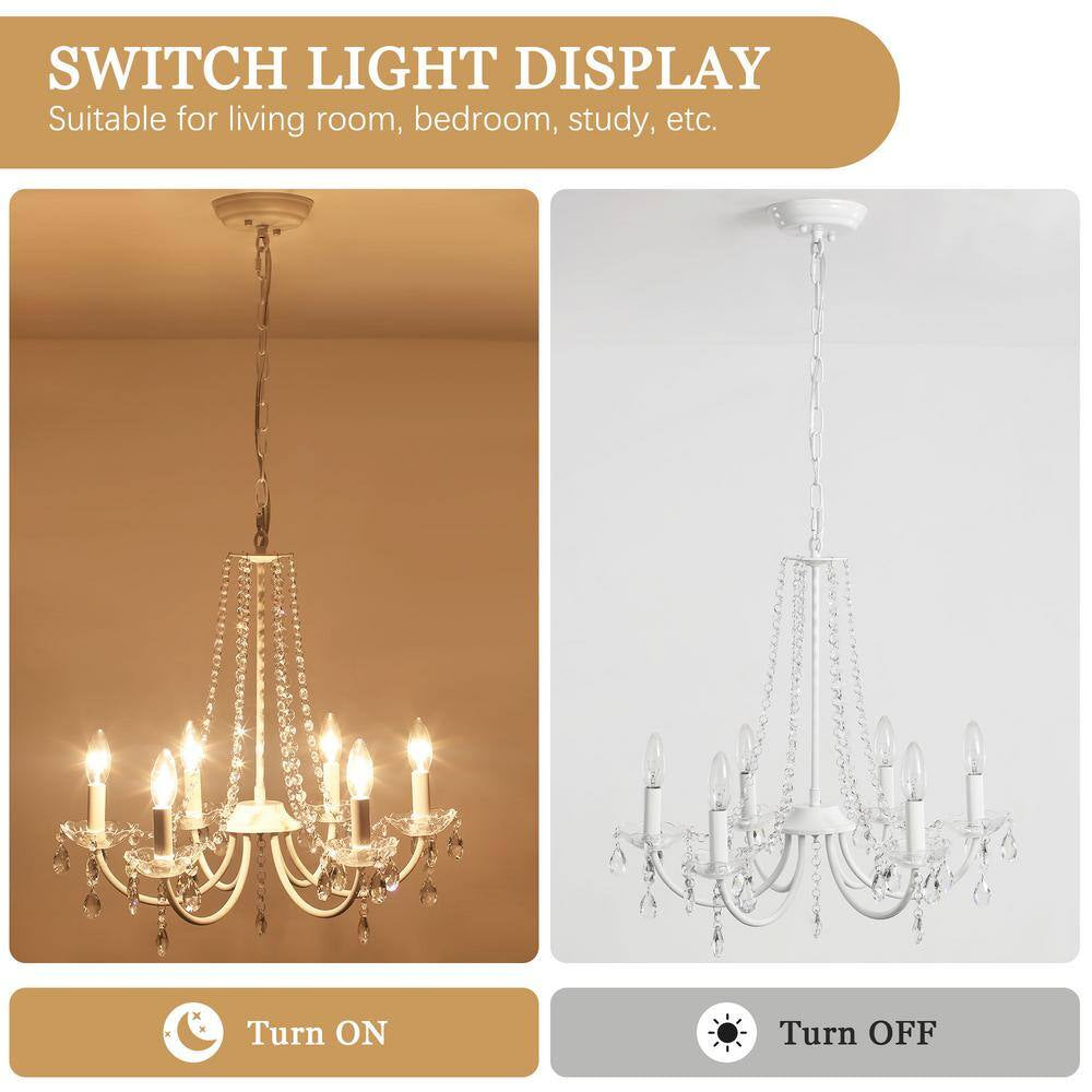 6-Light White Traditional Candle Style Crystal Chandelier for Dining Room Living Room with No Bulbs Included
