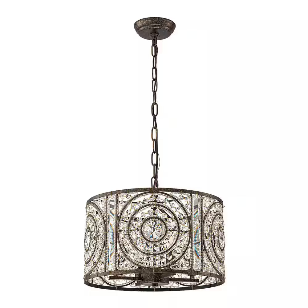 Iridescent 4-Light Vintage Crystal Drum Antique Bronze Chandelier Retro Classic Medium Lighting Fixture for Dining Room