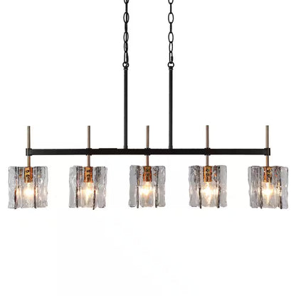 Echonalyri Modern 5-Light Glam 35.4 In. W Black and Brass Island Chandelier with Geometric Gray Textured Glass Shades