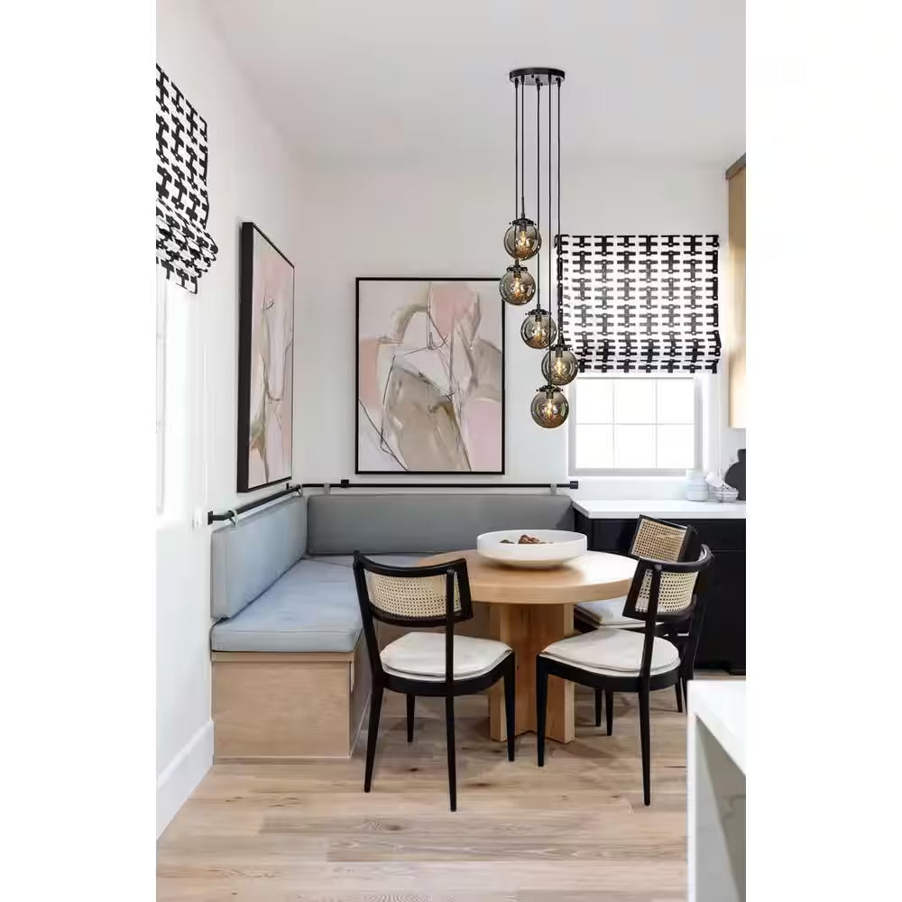 5-Light Modern Matte Black Staircase Chandelier with Smoke Globe Bubble Glass Corner Pendant