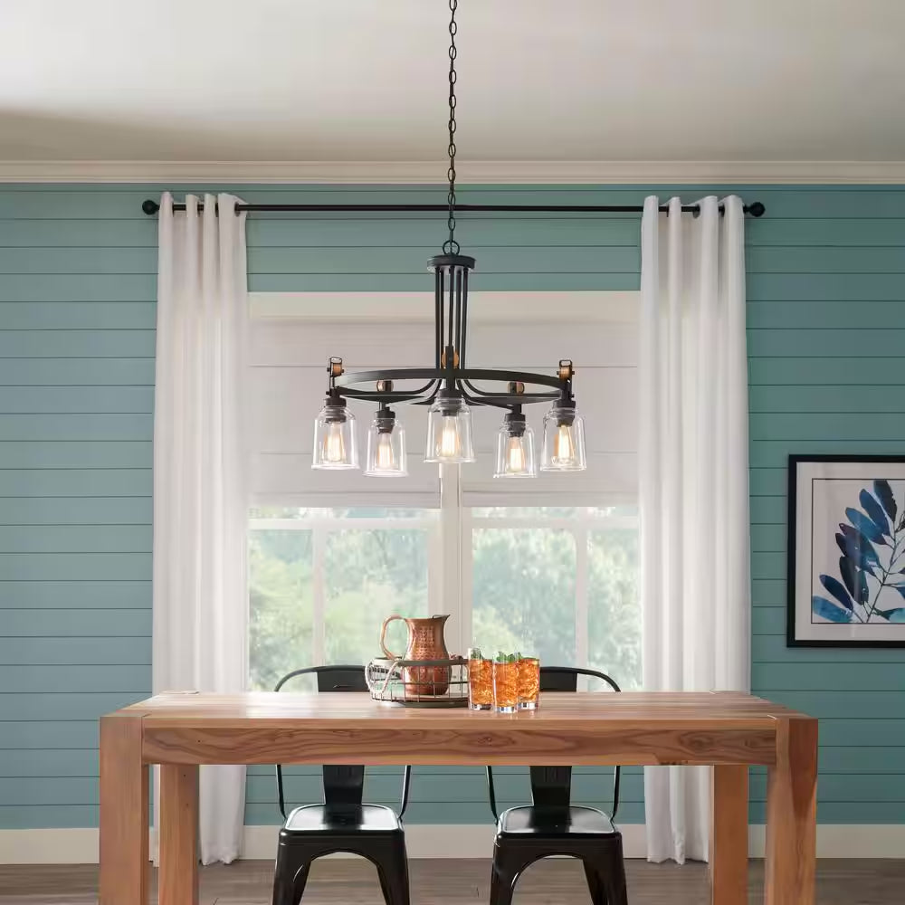 Knollwood 30 In. 5-Light Black Bronze with Brass Accents Industrial round Chandelier for Kitchens