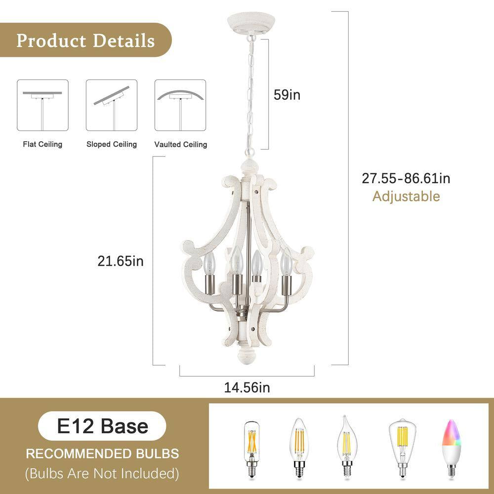 Eron 4-Light Nickel Orb Farmhouse Chandelier Rustic Antique Wooden White Shade French Country Kitchen Island Pendant