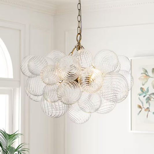 Neuvy 3-Light 23.6 In. W Brass Chandelier with Swirled-Glass Orb Cluster Bubble Ribbed Glass Chandelier for Living Room