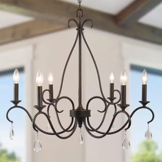 28 In. 6-Light Rusted Bronze Classic Candlestick Chandelier with Crystal Drops Modern Farmhouse Island Pendant