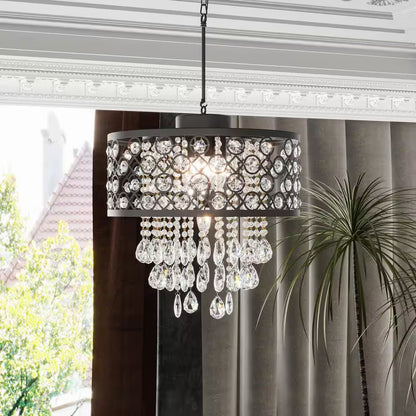 Indianapolis 5-Light Black Lantern Drum Chandelier with Crystal Accents