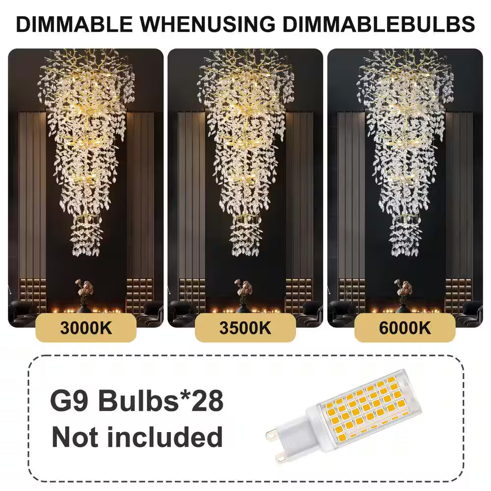 Modern Chandelier 118 In. 28-Light Crystal Gold Chandelier for Foyer, Living Room, Multiple Tiers Chandelier