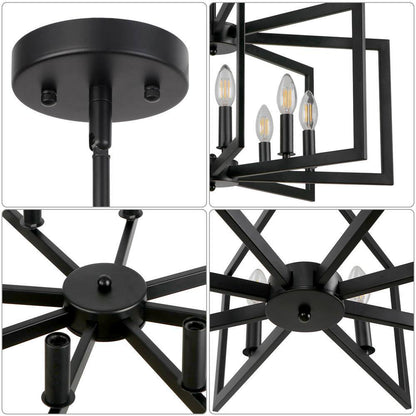 25.59 In. 8-Light Black Modern Geometric Hanging Metal Chandeliers for Dining Room Kitchen Foyer Living Room Bedroom