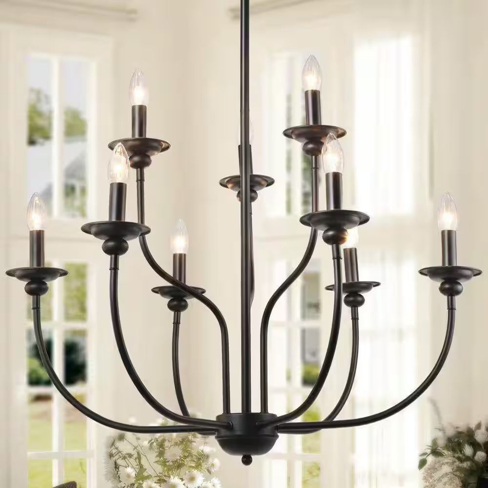 Large 9-Light Black Traditional Candlestick Chandelier Modern Pendant for Dining Room Living Room Kitchen Staircase