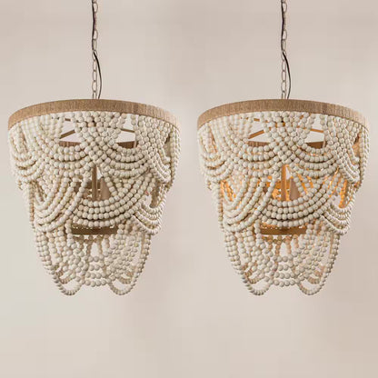 Hatfield 4-Light Bohemia Style Natural Wood Beaded Tiered Chandelier with Rope Accents