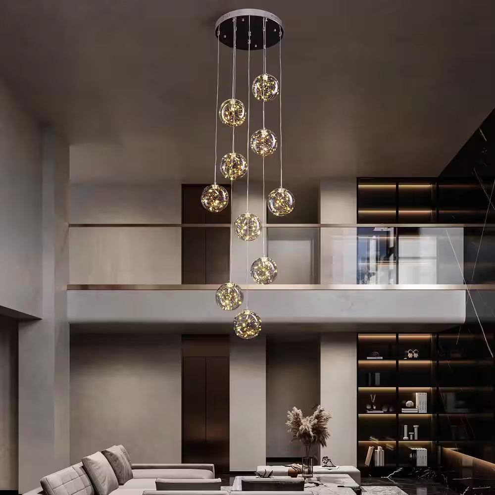 10-Light Chrome Modern LED Strip Chandelier with Clear Glass Shade for Foyer Entryway Lighting