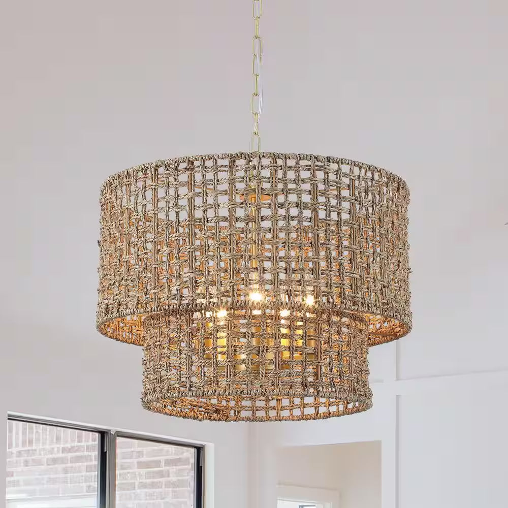 5-Light Gold Bohemian Chandelier 2-Tier Rattan Drum Pendant Light for Living Room