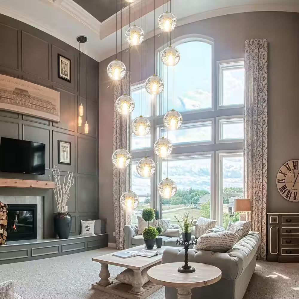 120 In. H 14-Light Black Staircase Chandelier Modern Pendant Light W/Glass Shade for High Ceiling Living Room Entryfoyer