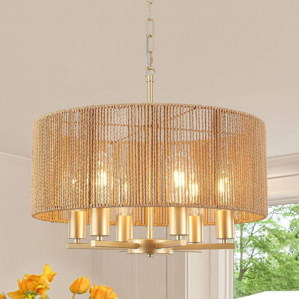 6-Light Natural and Gold Rattan Bohemian Drum Chandelier for Living Room Kitchen