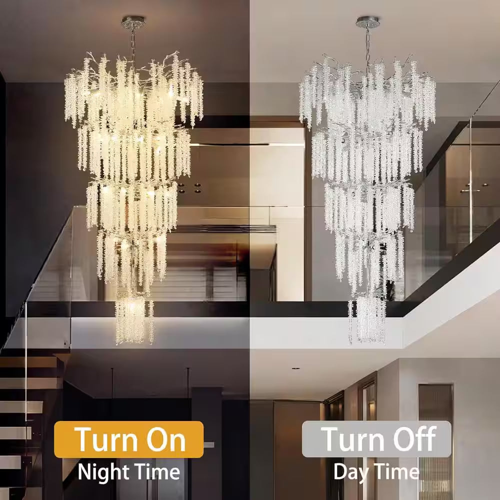 118 In. H, 28-Lights Silver Luxury Crystal Chandelier, Tree Branches Chandelier for Entryway High Ceiling Chandelier