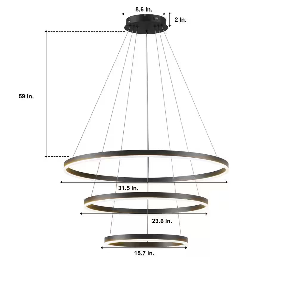 31 In. 3-Light Modern Black Geometric Adjustable Styling Tiered Integrated LED Chandelier for Bedroom and Kitchen Island