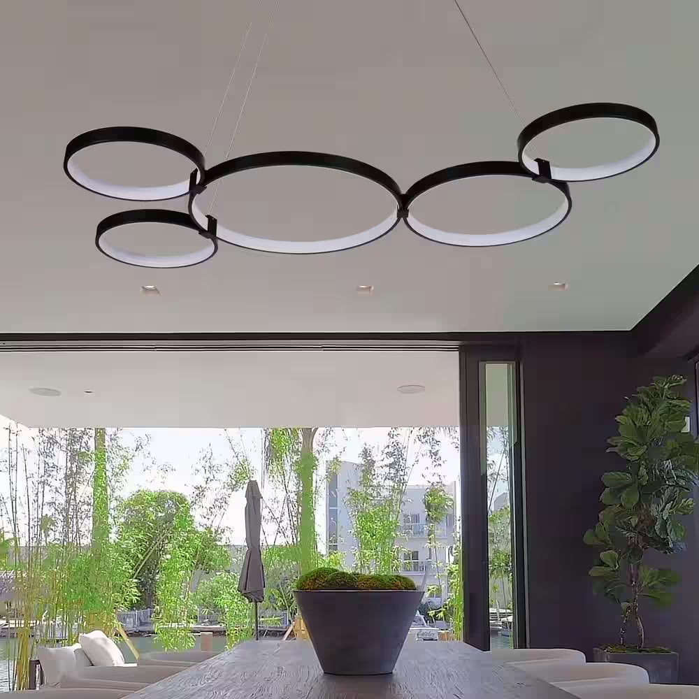 Capella 80-Watt ETL Certified Integrated LED Black Chandelier Height Adjustable 50 In. Pendant Light with 5 LED Circles