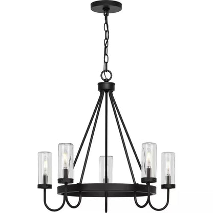Swansea Collection 4-Light 24 In. Matte Black round Transitional Outdoor Chandelier with Clear Glass Shades