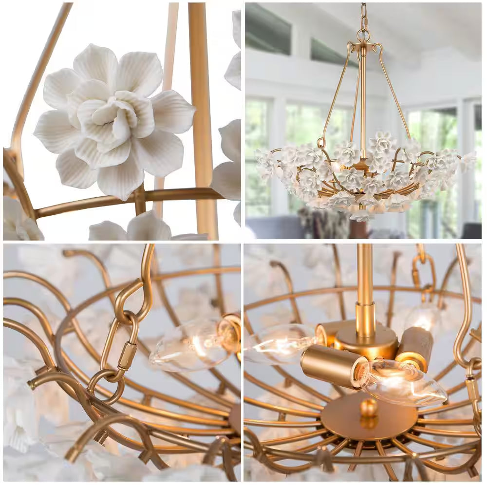 Modern Brass Gold Island Chandelier Light 3-Light round Chandelier Light with Ceramic Flowers