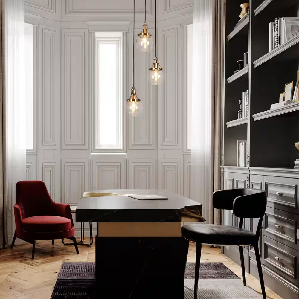 Transitional 3-Light Black and Plated Brass Cluster Chandelier with Clear Globe Glass Shade Foyer Hanging Pendant