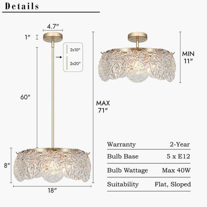 Wavelet 5-Light Dark Gold round Chandelier Lighting, Mid-Century Modern Pendant Light with Water Ripple Glass Shade