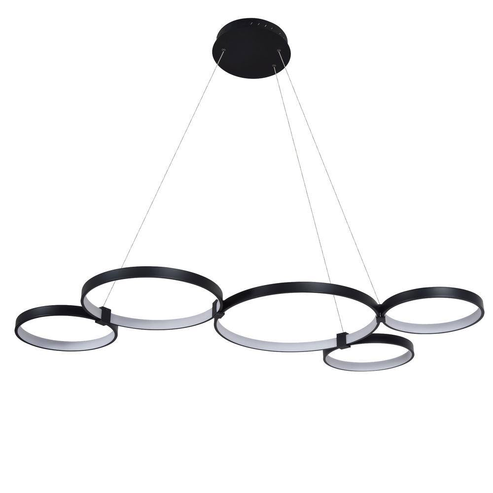 Capella 80-Watt ETL Certified Integrated LED Black Chandelier Height Adjustable 50 In. Pendant Light with 5 LED Circles