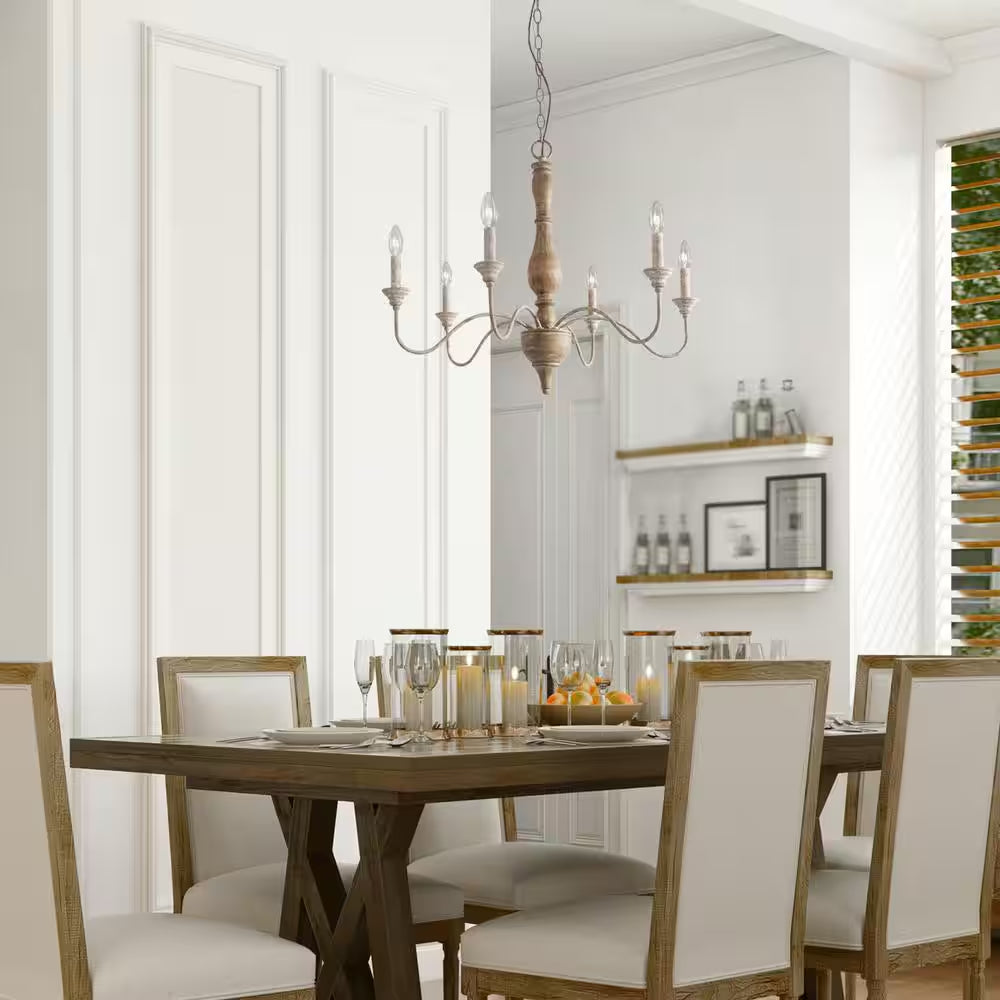 Wood Candlestick Chandelier 6-Light Distressed White Island Farmhouse Chandelier Rustic Pendant for Foyer with Open Arms