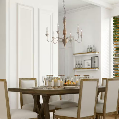 Wood Candlestick Chandelier 6-Light Distressed White Island Farmhouse Chandelier Rustic Pendant for Foyer with Open Arms