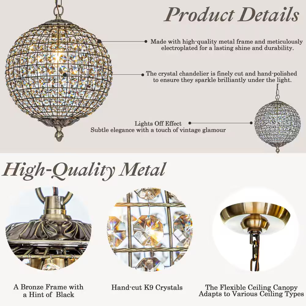 12 In. 1-Light Retro Antique Gold Crystal Globe Chandelier Small Sphere Pendant Light