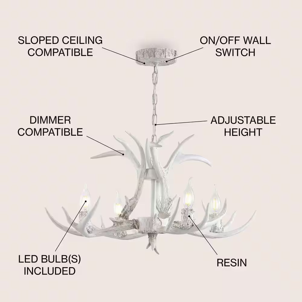 Eldora 26 In. Adjustable Resin Antler 4-Light White LED Chandelier