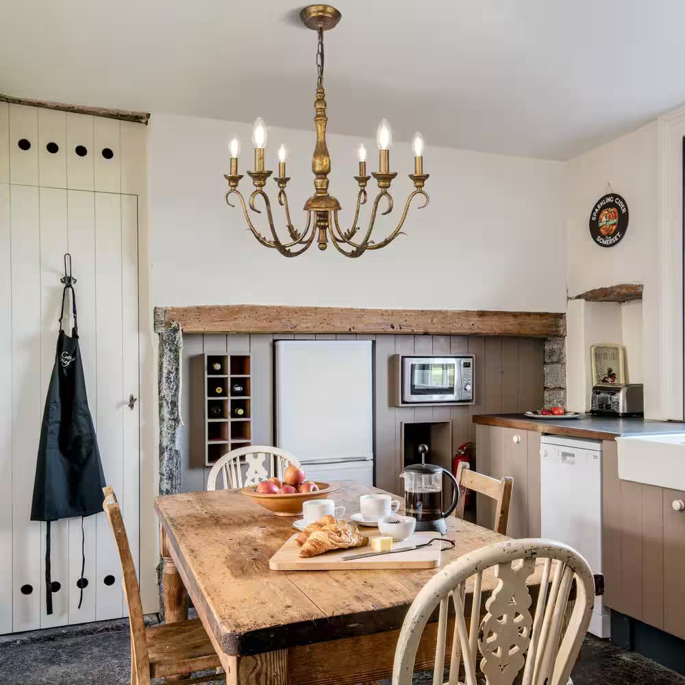 6-Light Distressed Brass Candle Style Farmhouse French Country Chandelier 23.62 In. for Dining Room Bedroom