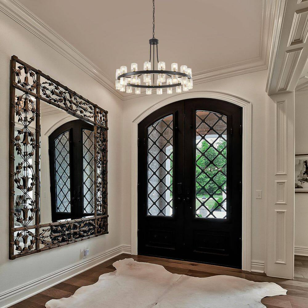 36.6 In. 36-Light Black Glass Crystal Modern Industrial Wagon Wheel Chandelier for Dining Living Room Foyer Staircase