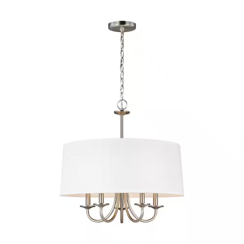 Seville 5-Light Brushed Nickel Transitional Modern Hanging Drum Chandelier with White Linen Shade