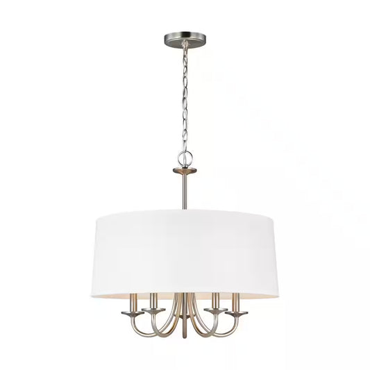 Seville 5-Light Brushed Nickel Transitional Modern Hanging Drum Chandelier with White Linen Shade