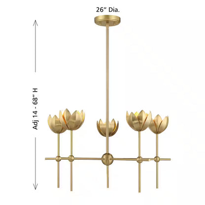 26 In. W X 14 In. H 5-Light Natural Brass Bohemian Chandelier with Metal Shades