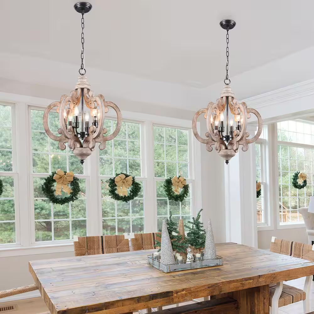 Voitto Cottage Chic Crown 6-Light Weathered Wood Chandelier, Farmhouse Wooden Pendant Light