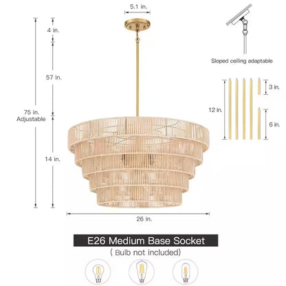 Piersan 26 In. 5-Light Brass Modern Bohemian Chandelier with Tiered Rattan Shade