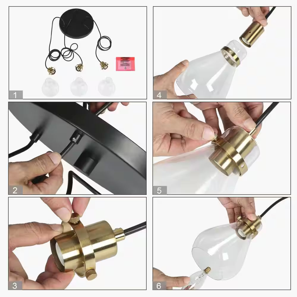 Modern Black and Brass Chandelier 3-Light Height Adjustable Ceiling Light with Teardrop Clear Glass Shades