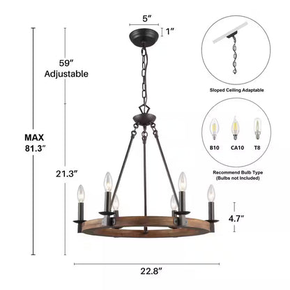 Farmhouse Wagon Wheel Chandelier, 6-Light Distressed Wood Circle Island Light, Rustic Bronze Dining Room Pendant Light