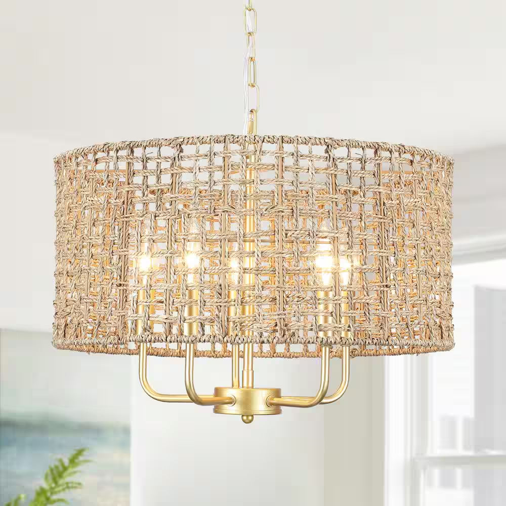 Nevarez 18.9 In. 5-Light Gold Bohemian Pendant Natural Rattan Dimmable Chandelier with Hand Woven Drum Shade