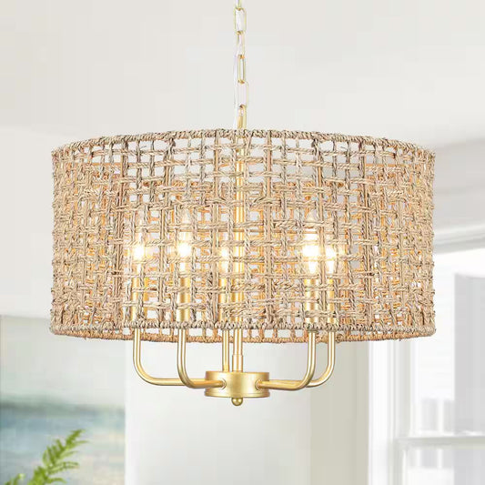 Nevarez 18.9 In. 5-Light Gold Bohemian Pendant Natural Rattan Dimmable Chandelier with Hand Woven Drum Shade